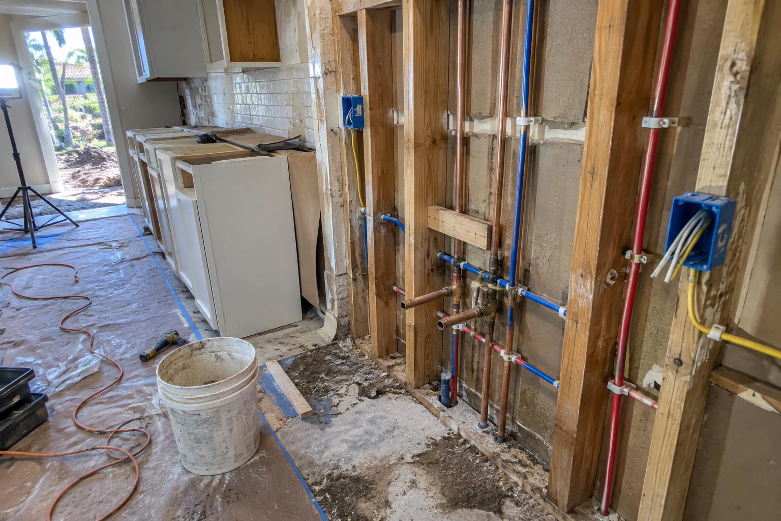 A partly gutted kitchen with open wall cavities showing new copper and PEX plumbing lines and fresh electrical rough-in, cabinet boxes stacked on protective paper nearby.
