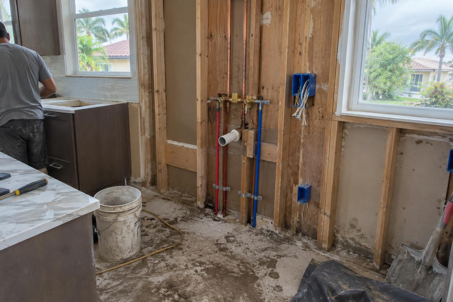 Open kitchen wall in a Westlake home with new copper and PEX plumbing lines and electrical boxes roughed in between fresh wood studs