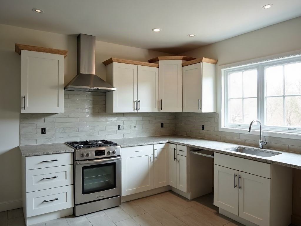 Renovated coastal kitchen in a Jupiter home with white cabinets and quartz counters
